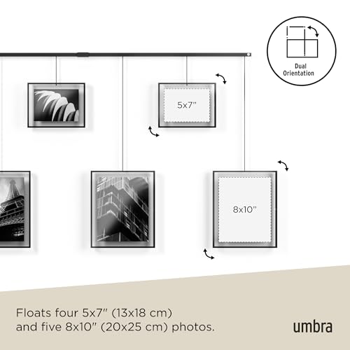 Umbra Exhibit Gallery Picture Frames, Adjustable Wall, Set of 9, Black | Steel, movable hanging rods, holds 8x10 and 5x7 sizes, minimal screw holes, mounting hardware included - color: Black, size: Set of 9, style: 9-Opening
