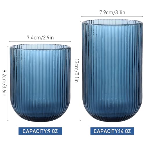 12 Piece Blue Ribbed Glassware Set, 14 oz Highball & 9 oz Rocks Glasses | Fluted Design, Blue Ribbed Glasses Cup Set for Milk, Water, Cocktail, Juice, Beer, ToothBrush Cup