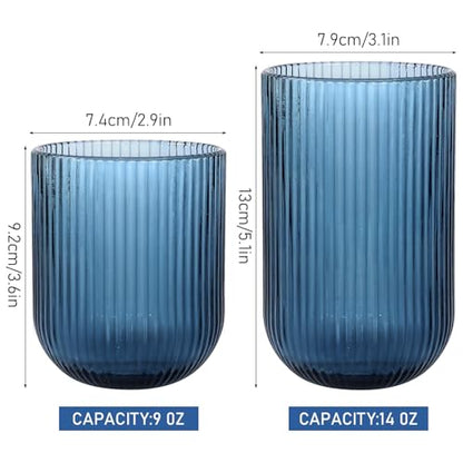 12 Piece Blue Ribbed Glassware Set, 14 oz Highball & 9 oz Rocks Glasses | Fluted Design, Blue Ribbed Glasses Cup Set for Milk, Water, Cocktail, Juice, Beer, ToothBrush Cup