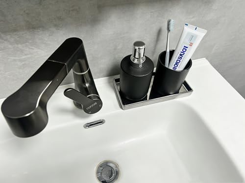 Bathroom Soap Dispenser Set with Tray 3-Piece Countertop Organizer （Black） | Countertop Organizer, With Tray, Pump Dispenser and Cup Black patterned ceramic products - color: Black Texture