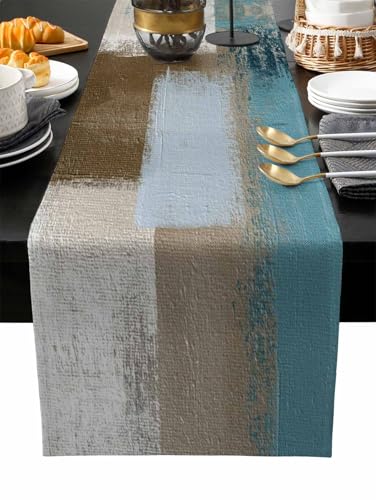 Aqua-Blue Brown Table Runner-Cotton Linen-13x108 Inch Holiday Dresser Scarves, Modern Abstract Beige Oil Painting Art Tablerunner for Kitchen Coffee/Dining Bedroom Home Living Room Dinner Scarf Décor - size: 13x108 Inches