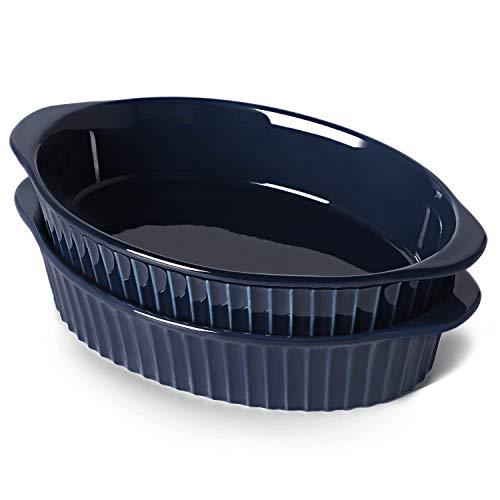 LEETOYI Porcelain Small Oval Au Gratin Pans, Baking Dish Set for 1 or 2 person servings, Bakeware with Double Handle for Kitchen and Home, Set of 2 (Navy) - color: Navy