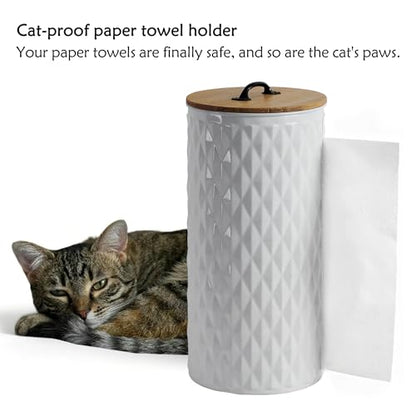 Metal Paper Towel Holder, Weighted Base with Suction Cups | Embossed with Wooden Lid, Easy Tear Roll Dispenser for Kitchen Counter, Bars, Dining Tables - color: Diamond White