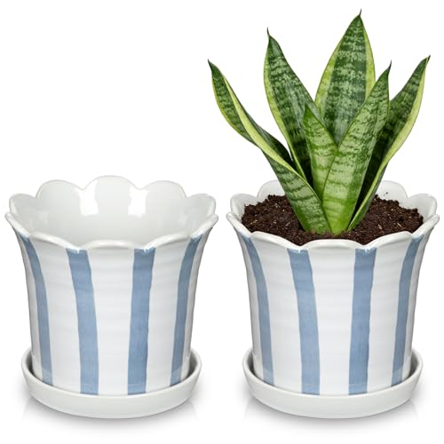 Ceramic Plant Pots, 5.8 Inch Planter Pot with Drainage Hole and Sauser, Stripe Ceramic Planters with Floral Edge for Indoor Succulent Flower Orchid Plants Home Room, Blue - color: Blue & White