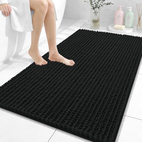 OLANLY Large Bathroom Rugs 44x32, Thick Soft Absorbent Chenille Bath Rugs | Black, Quick-Drying Rubber Backing, Shaggy Bath Mat, Machine Washable for Floor, Tub and Shower, Home Decor Accessories - color: Black, size: 44" x 32"