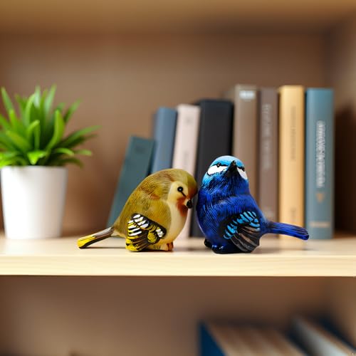 Resin Bird Figurines Set of 2, 2.4 Inch Grumpy Bird Decor | Hand-painted cobalt blue and olive-yellow birds, 2.6 oz each, with flat bases for stable indoor and outdoor display
