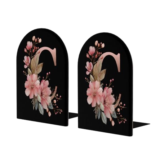 Wood Book Ends for Shelves Botanical Floral Alphabet C On Black Bookends for Heavy Books CDs Organizer Decorative Wooden Book Stopper Holders for Home Office Desk,6.7x4.2x4in Set of 2 - color: Floral C, size: 6.7x4.2x4inx2PCS