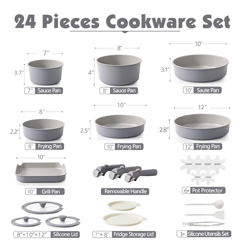SENSARTE 24 Piece Ceramic Detachable Handle Pots and Pans Set Gray | Ceramic Cookware Set, Induction Cookware Set with Removable Handle, Healthy Non Stick for RV, Dishwasher ＆ Oven Safe - color: Gray, size: 24 Piece