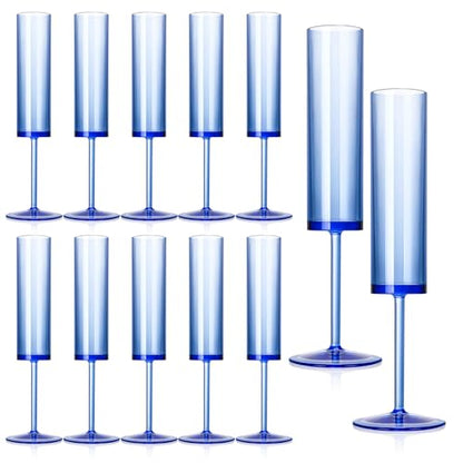 12 PCS Sapphire Blue Plastic Champagne Flutes 5.4 OZ Clear Acrylic Champagne Flutes Sparkling Wine Glasses Long Stem Crystal Champagne Glasses For Wedding Baby Shower Anniversary Party - color: Sapphire, size: 12 Pack