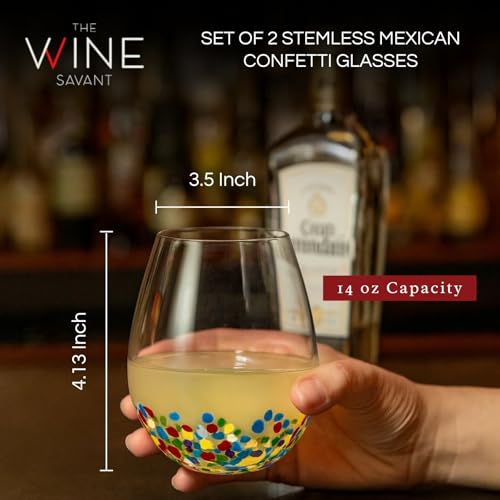 Large Stemless Wine Glasses – Set of 2-14oz Luxury Hand Blown Confetti Margaritas, Martini, Cocktails, Water, Wine, Dessert & Champagne Glasses Cinco de Mayo, Hand Blown - Mexican Confetti Glass - style: Mexican Confetti Wine Glass