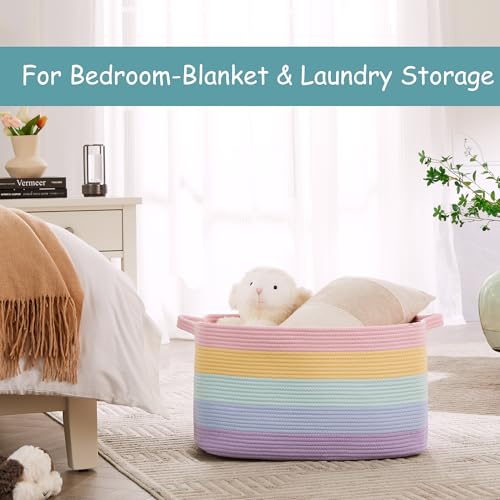Rainbow Storage Basket for Toys Large Blanket Basket for Girls | Woven Cotton Rope Baby Laundry Hamper, Kids Nursery Toy Basket for Classroom, Soft Stuffed Animal Storage