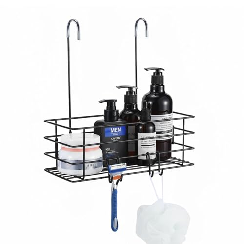 1-Tier Shower Caddy Hanging Shower Organizer Rack with Hooks Over The Door - color: Black, size: 1-Tier