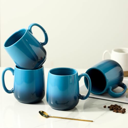 HASENSE 15oz Large Ceramic Mug Set, 4-Piece Blue Ombre Coffee Cups with Handle – Microwave & Dishwasher Safe for Cappuccino Latte Tea, Housewarming Present - color: GradationBlue, size: Set of 4