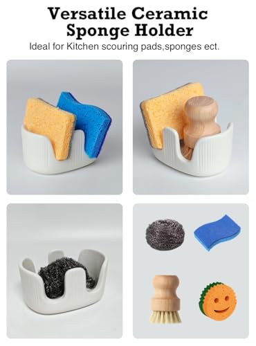 Ceramic Sponge Holder, 2-Slot Dish Sponge Holder for Kitchen Sink, Keeps Sponges Dry & Countertop Clean, Rust-Free & Dishwasher Safe, Stylis Design, Modern White - size: Dual