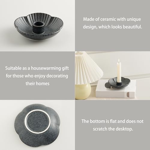 Ceramic Taper Candle Holder, 4.72 in Polished Round Base Tray | Use with incense or palo santo to create a calm tabletop setting for dinners, meditation or seasonal displays. - color: Black