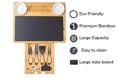 Charcuterie Board Gift Set with Large Embedded Removable Slate Serving Tray House Warming Gift New Home, Wedding Gifts for Couple, Bridal Shower Gift (Large Slate Charcuterie Board Set) - size: Large Slate Charcuterie Board Set