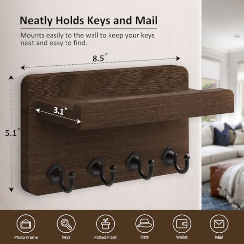 Nekon Key Holder Wall Mount, 8.5 Inch Small Wooden Wall Organizer, Brown | Rustic Wall Shelf, Farmhouse Key and Mail Holder for Living Room Entryway Kitchen - color: Brown