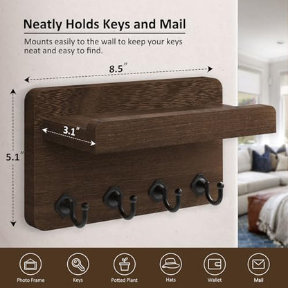 Nekon Key Holder Wall Mount, 8.5 Inch Small Wooden Wall Organizer, Brown | Rustic Wall Shelf, Farmhouse Key and Mail Holder for Living Room Entryway Kitchen - color: Brown