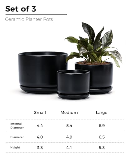 Flower Pots,Ceramic Pots with Drainage Holes & Saucer Set of 3(Matte Black) | Planters for Indoor Plants | Small Succulent Pots | Cute Pots for Plants | Ceramic Planter | 4+5+6.5 Inch Garden Pots - color: Matte Black