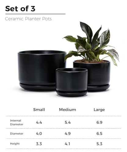 Flower Pots,Ceramic Pots with Drainage Holes & Saucer Set of 3(Matte Black) | Planters for Indoor Plants | Small Succulent Pots | Cute Pots for Plants | Ceramic Planter | 4+5+6.5 Inch Garden Pots - color: Matte Black