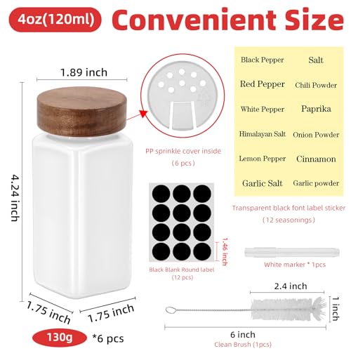 6Pcs 4 oz Square Glass Spice Jars with Label, Empty Spice Containers with Wooden Lids, Square Seasoning Containers and Supplement Set, Small Seasoning Bottles for Salt, Sugar, Pepper (White) - color: White