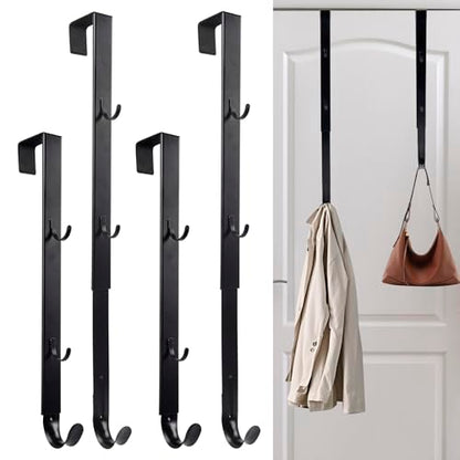 Over The Door Hooks - 4 PCS Adjustable Door Hanger with 12 Hook, 15-25'' Towel Rack Organizer for Bathroom, Heavy Duty Door Hook for Hanging Wreath Coat Clothes Hat, Shower Room Dorm Bedroom Essential
