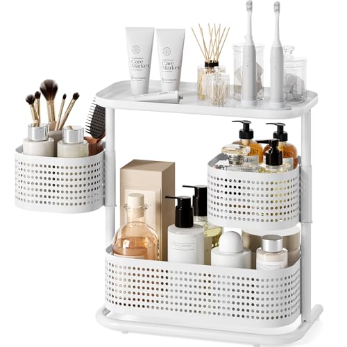 KINGRACK Metal Bathroom Counter Organizer，Rotating Countertop Storage Shelf | 3 Tier, Vanity Tray for Makeup & Skincare, Space-Saving Shelf for Bathroom, Kitchen, Baby Bottle Station, White - color: WHITE