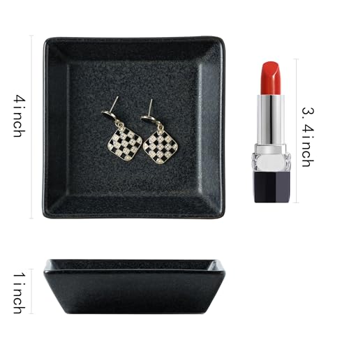 Ceramic Trinket Dish, Small Jewelry Ring Tray for Keys, Black | Glazed ceramic jewelry tray. Stores rings, earrings, necklaces, bracelets. Easy to clean. Perfect for vanity and entryway. - color: Black Surface