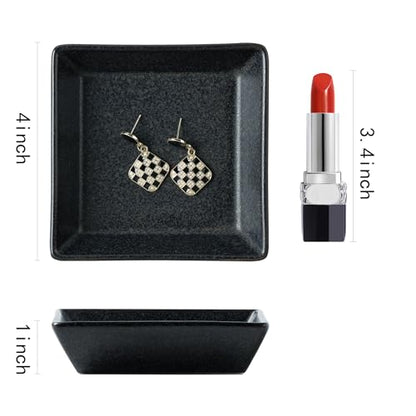 Ceramic Trinket Dish, Small Jewelry Ring Tray for Keys, Black | Glazed ceramic jewelry tray. Stores rings, earrings, necklaces, bracelets. Easy to clean. Perfect for vanity and entryway. - color: Black Surface