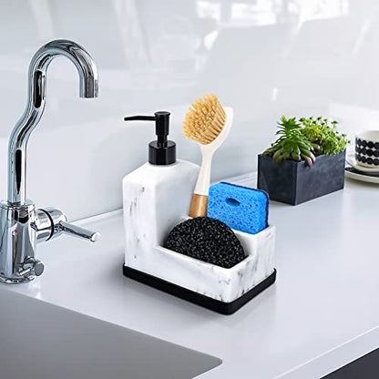 Dish Soap Dispenser with Sponge Holder,White Marble Look Liquid Hand and Dish Soap Dispenser and Spong Caddy with Brush Holder 3 in 1 Countertop Organizer for Kitchen Sink and Bathroom,White - color: White Marble Look