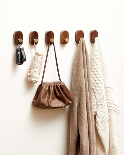 Wood Coat Hooks Wall Mount - Modern Walnut Coat Hook with Brass Accent for Hanging Clothes,Keys,Purse,Robes,Towel,Backpacks, Single Brass Wall Hooks Heavy Duty for Entryway, Closet, Bathroom (6 Pack) - size: HT-6Pack