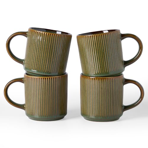 famiware Coffee Mug Set of 4, Star 12 oz Ceramic Mugs Cups Set with Handle | Stoneware Stackable Catering Cup for Coffee, Tea, Cappuccino, Latte, Microwave & Dishwasher Safe, Moss - color: Star-Moss, size: 4 Count (Pack of 1)