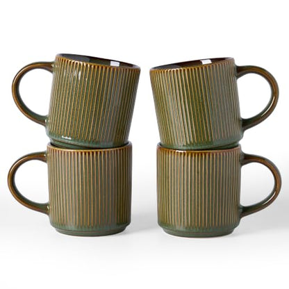 famiware Coffee Mug Set of 4, Star 12 oz Ceramic Mugs Cups Set with Handle | Stoneware Stackable Catering Cup for Coffee, Tea, Cappuccino, Latte, Microwave & Dishwasher Safe, Moss - color: Star-Moss, size: 4 Count (Pack of 1)