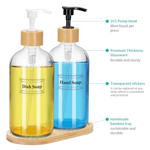 2 Pack 16 Oz Glass Soap Dispenser Set with Tray, Hand Dish Soap Dispenser Set for Bathroom and Kitchen Bottle Dispenser with Dish Soap, Hand Soap, Lotion (Clear) - color: Clear