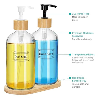 2 Pack 16 Oz Glass Soap Dispenser Set with Tray, Hand Dish Soap Dispenser Set for Bathroom and Kitchen Bottle Dispenser with Dish Soap, Hand Soap, Lotion (Clear) - color: Clear