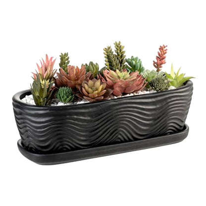 MyGift 13.5 inch Succulent Planter Pot, Oval Modern Ceramic Plant Box Container with Wave Textured Pattern and Removable Saucer Drip Tray (Black) - color: Black