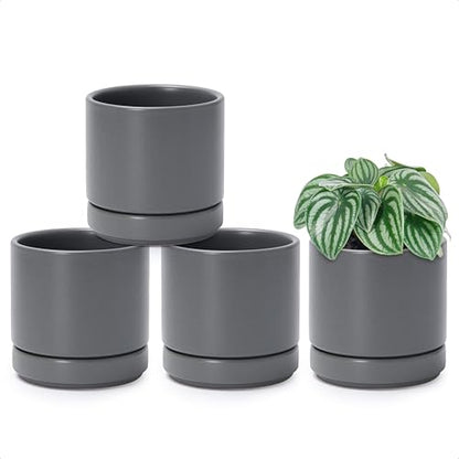 D'vine Dev 4-Pack Ceramic Pots with Saucers, Grey, 4.7 in, 94-X-B-3 | Glazed Ceramic, Drainage Hole and Saucer, Sleek Cylinder Shape, High Temperature Fired, Ideal for Small Houseplants - color: Gray, size: 4.7 Inch
