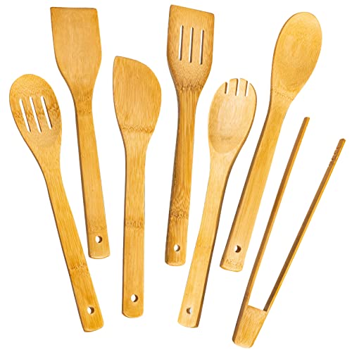 Eisinly Wooden Spoons for Cooking 7-Piece, Kitchen Nonstick Bamboo Cooking Utensils Set, Healthy Bamboo Wooden Spatula Spoon for Cooking - color: Yellow-Bamboo, style: Square-edge