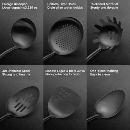 Izurok 18/10 Stainless Steel Kitchen Utensils Set,6 Piece Cooking Utensils With Wood Handle,Heat Resistant Kitchen Tool Set With Spatula, Spoon, Ladle, Skimmer, Slotted Spoon, Pasta - color: BLACK-6 Pieces, size: Large