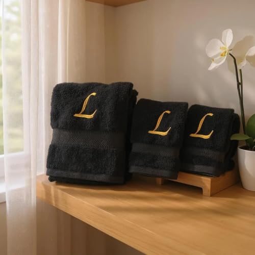 Monogrammed Bath, Hand, Washcloth Cotton Towel Set, Personalized Gift 3Pc-L - color: Black & Gold, size: Initial L
