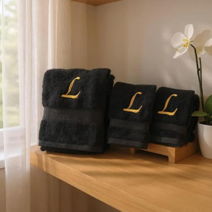 Monogrammed Bath, Hand, Washcloth Cotton Towel Set, Personalized Gift 3Pc-L - color: Black & Gold, size: Initial L