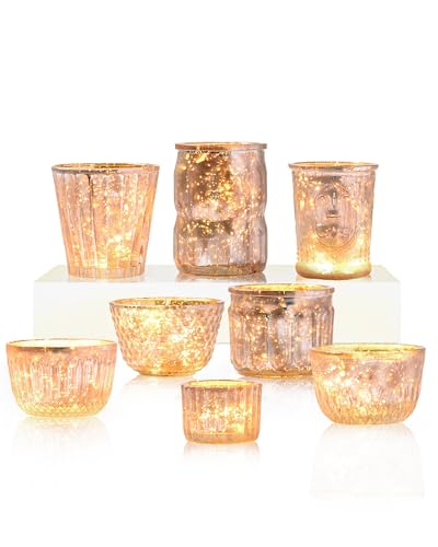 DN DECONATION 8PCS Gold Mercury Glass Candle Holder, Assorted Mercury Glass Votive Candle Holders, Vintage Tea Light Candle Holder for Wedding, Parties, Centerpieces, Decorations