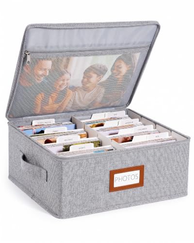 HULISEN Photo Storage Box, Photo Organizer for 2000 4x6 Pictures, Grey | Linen Keepsake Box with Zipper Lid, 8 Dividers, Label Cards Included, Mesh Pocket for Larger Prints, Family Memory Storage - color: Grey