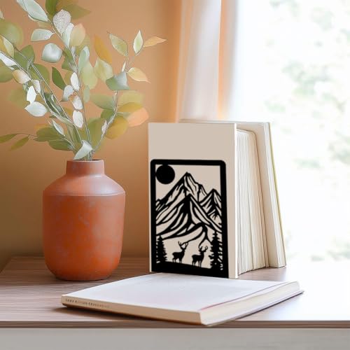 Metal Bookends for Shelves, Mountain and Deer Decorative Book Ends for Heavy Books, Book Stopper Decorative Books, Bookends to Hold Literature for Home Office School Bookshelf Decor - style: Mountain