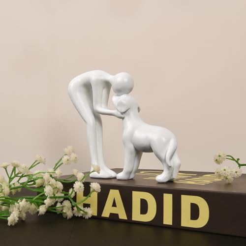 Abstract Person and Dog Sculpture Head-to-Head Figurine White | abstract sculpture celebrating the bond between person and pet. Intimate head-to-head Touching memory keepsake for dog lovers - color: White