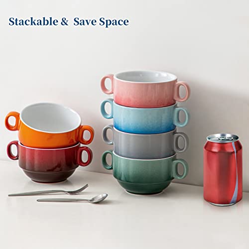 LOVECASA Multi-Color 12 OZ Soup Bowls with Handles, Ceramic Small French Onion Soup Bowls, Mini Soup Mugs Serving Bowls for Kitchen, Microwave & Dishwasher Safe,Set of 6