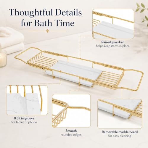 Expandable Stainless Steel Bathtub Caddy Tray with White Marble Board, | Extra Wide Rustproof Shelf, Book Tablet & Wine Glass Stand For Luxury Home Spa(Gold+White) - color: Gold+white