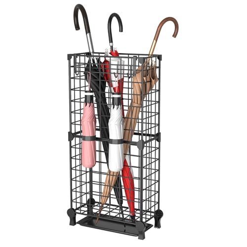 AWTATOS Umbrella Holder Entryway, Umbrella Stand Freestanding, Black | Metal Square Umbrella Rack Organizer with a Removable Drip Tray, Hooks - color: Black