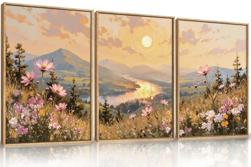 LHIUEM Large Boho Sunset Wildflower Framed Canvas Wall Art -16"x24"x3 | Nature Pink Flower Wall Decor,Blossom Botanical Mountain Landscape Artwork for Living Room,Bedroom,Dining Room,Office - color: Boho Sunset Wildflower Wall Art, size: 24"L x 16"W