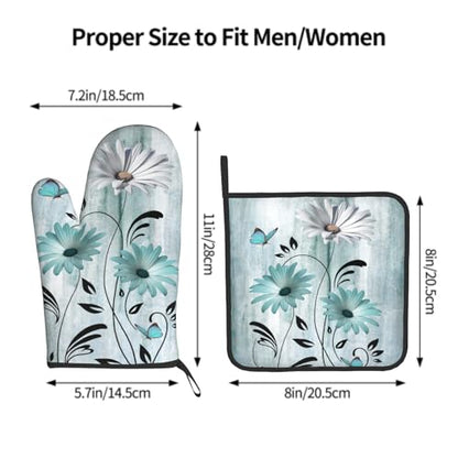 Giwawa Daisy Floral Oven Mitts and Pot Holder Set of 2 Teal White Flower Heat Resistant Kitchen Mitts Potholders Washable for Cooking Grilling BBQ - color: Daisy Floral
